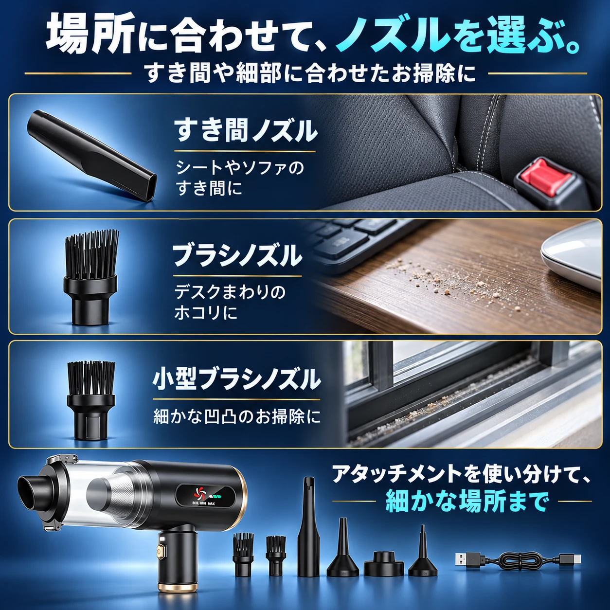 すき間ノズル、ブラシノズル、小型ブラシノズルの使用場所